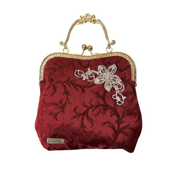 Vintage Inspired Burgundy Handbag with Rhinestone Brooch and Clasp Closure - Picture 4 of 4